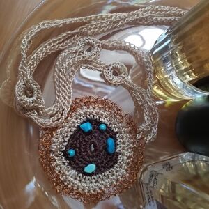 Crochet Copper and Turquoise Pendant Necklace